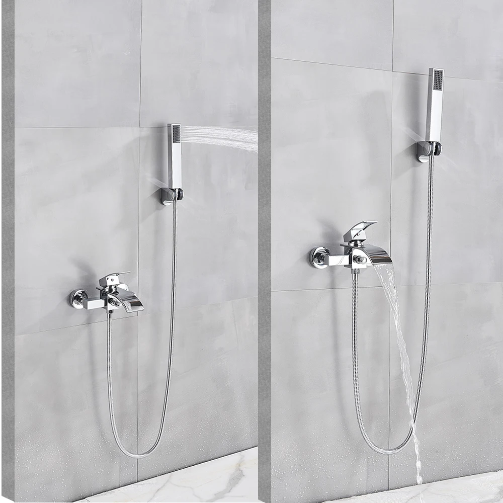 Golden Bathtub Faucet Brass Wall Mounted Waterfall Tub Spout Bathroom Shower Faucets Crane With Handshower Cold Hot Mixer Taps 3