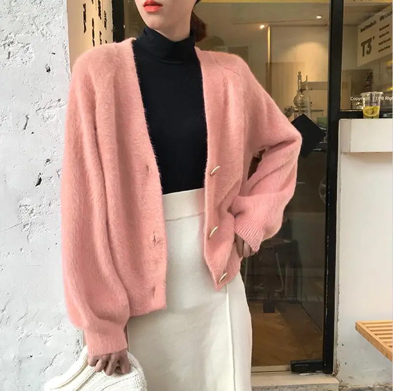 pink Женская осенне-зимняя норковая бархатная белая кофта с длинными рукавами, вязаный кардиган с v-образным вырезом, повседневные дамские свитера больших размеров - Цвет: pink