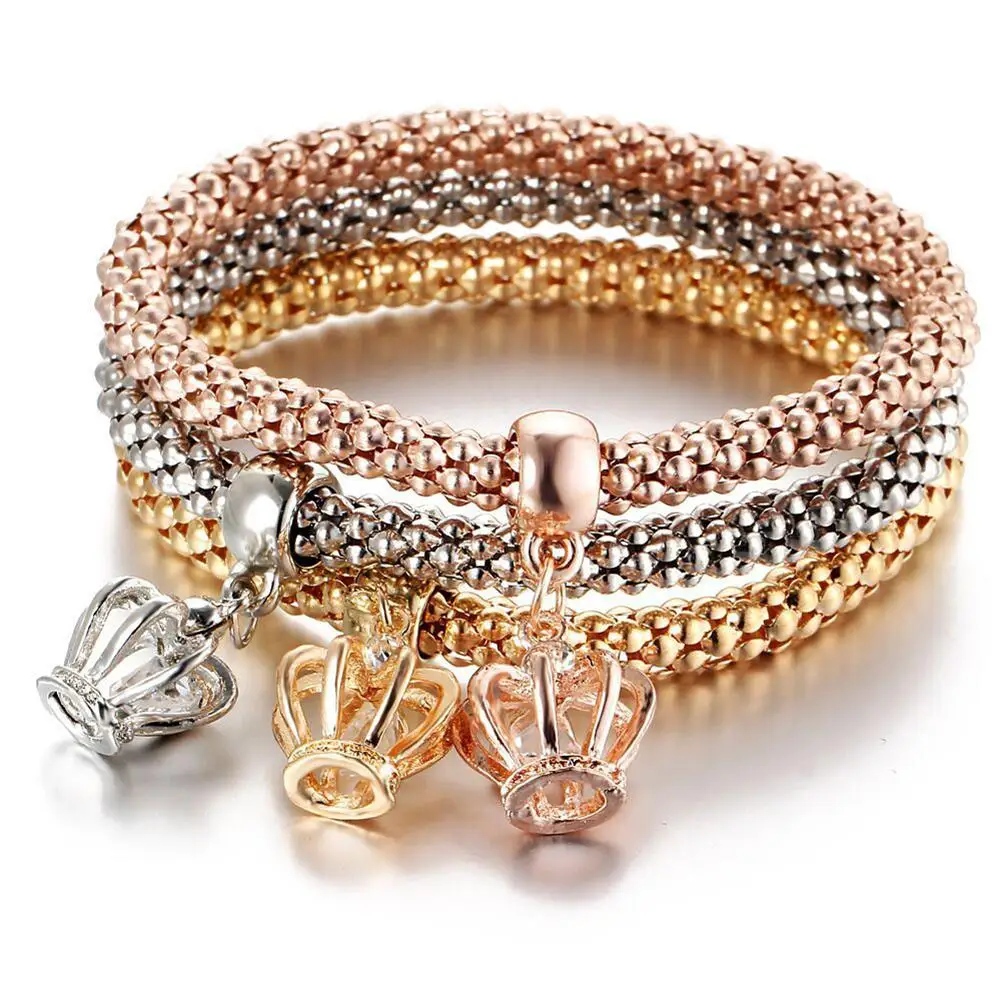 HobbyLane 3pcs/set Women Alloy Three-color Kit Elastic Chain Diamond Butterfly Love Crown Pendant Bracelet Jewelry | Украшения и