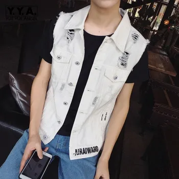 

Design New Spring Letter Printed Mens Sleeveless Denim Vests Fashion Single Breasted Hole Ripped Slim Male Waistcoats Plus Size