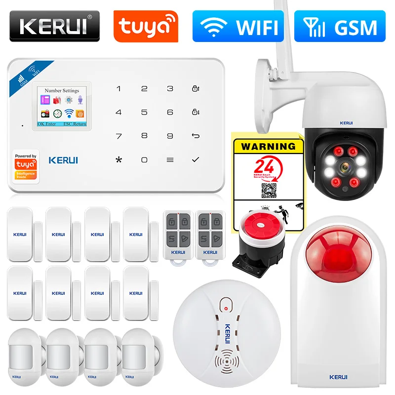 KERUI Tuya Smart WIFI GSM Security Alarm System Works With Alexa Home Burglar Motion Detector Smoke Door Window Sensor IP Camera elderly sos alarm Alarms & Sensors