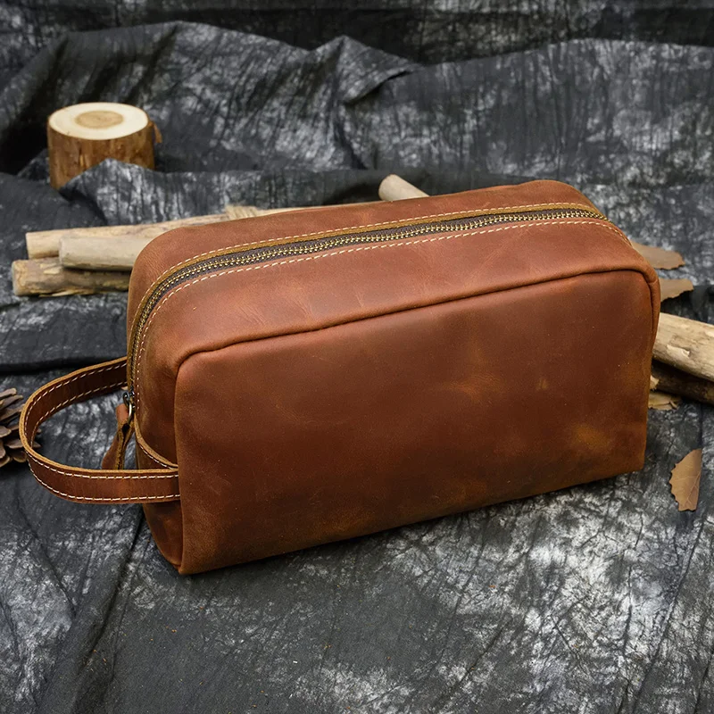 

MAHEU Leather Toiletry kits Genuine Leather Storage Bag Real Cowskin Hand Purse Make Up Washing Bag With Wrist Band men women