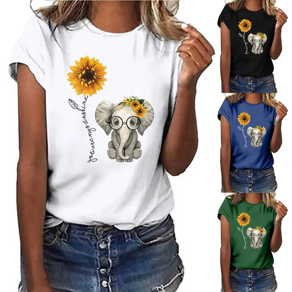 

Elephant Sunflower Print Shirt Women T-shirt Casual Short Sleeve O Neck Blous Tops Plus Size For Female Cute T-shirts Clothes