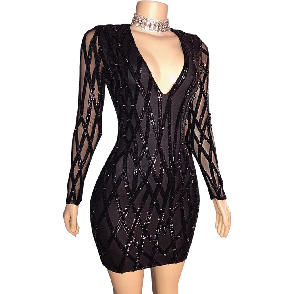 Sexy Mesh Sequined Dress Women Elegant Long Sleeve Black Dress Woman V-neck Bodycon Dress Women Autumn Spring Vestidos#j30
