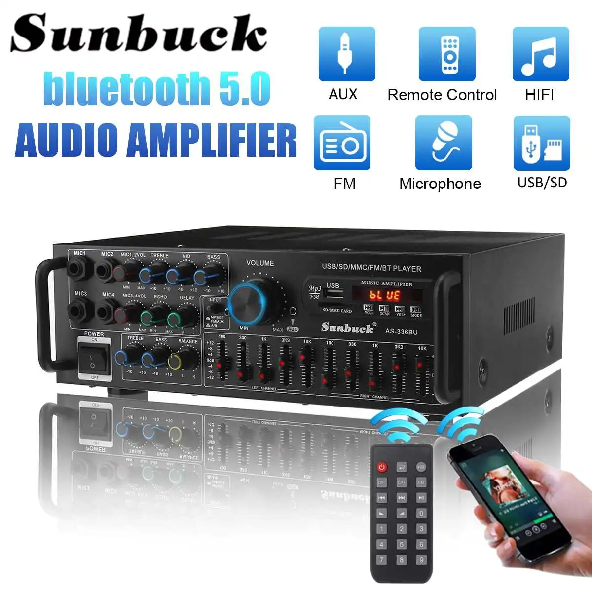 Стереоусилитель SUNBUCK 3000 Вт с bluetooth объемный звук USB SD AMP FM DVD AUX ЖК-дисплей