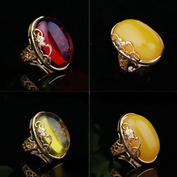 

S925 Pure Silver Ring Natural Chicken Oil Yellow Honey Wax Amber Ring Blood Blue Pearl Ring Rose Gold Ruby Ring