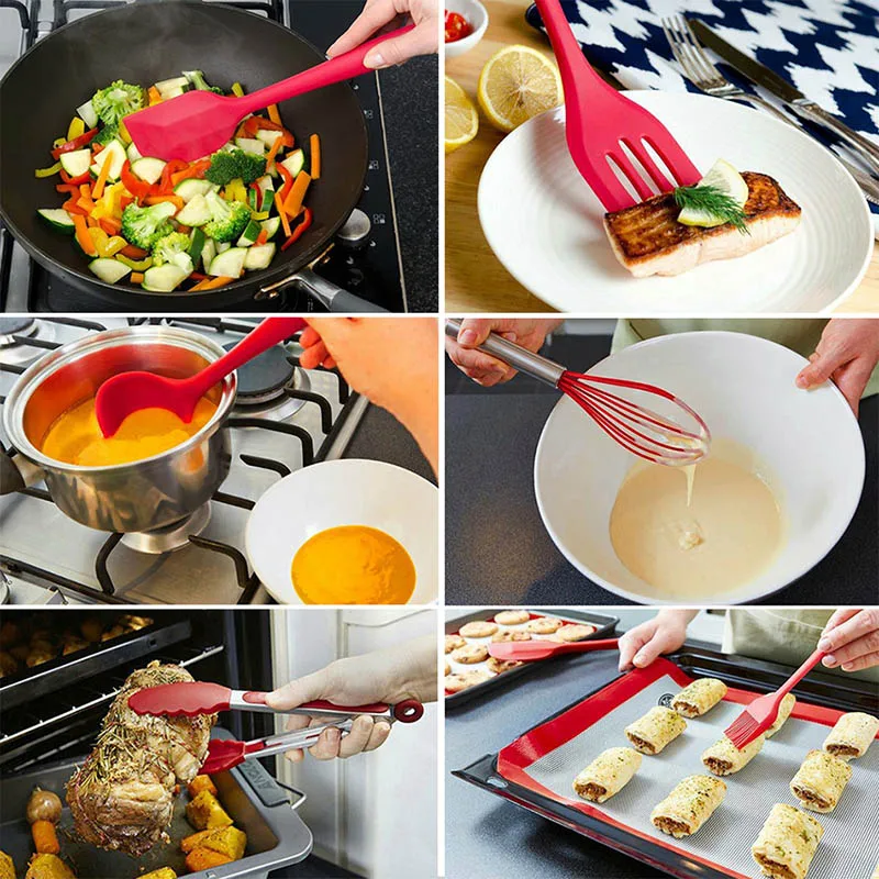

10Pcs/set Silicone Cooking Tool Sets Non-stick Egg Beater Spatula Spoon Shovel Ladle Spaghetti Server Oil Brush Kitchen Utensils