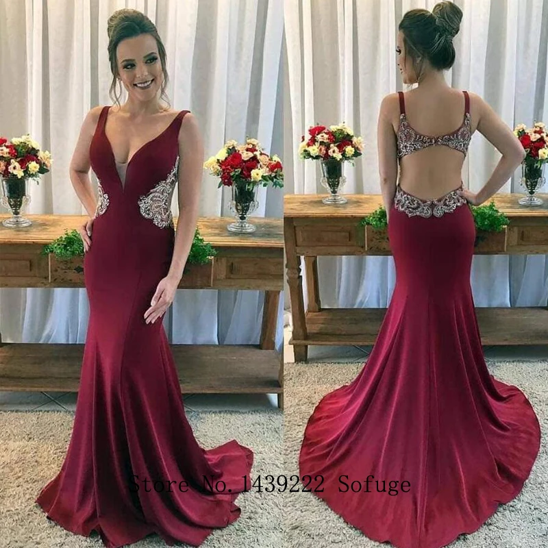 

Burgundy Strench Satin Evening Dresses Mermaid Beads Prom Vestidos De Fiesta De Noche Robe De Soiree Plus Size