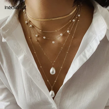 IngeSight.Z Bohemian Multi Layer Imitation Pearl Tassel Choker Necklace Collar Statement Pendant Necklace for Women Jewelry