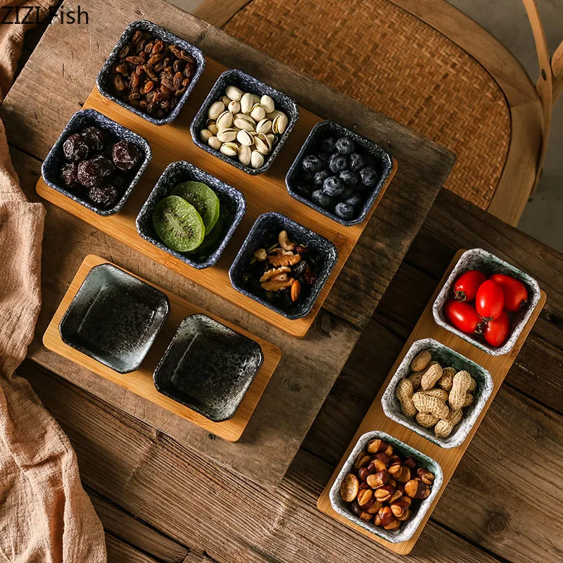 Japanese style Ceramic Grid Fruit Plate Snack Plate Serving Platter Small Dish with Tray Home