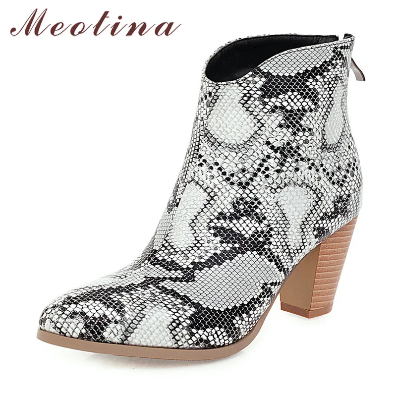 

Meotina Winter Ankle Boots Women Boots Snake Print Block High Heels Short Boots Zipper Pointed Toe Shoes Lady Autumn Big Size 46