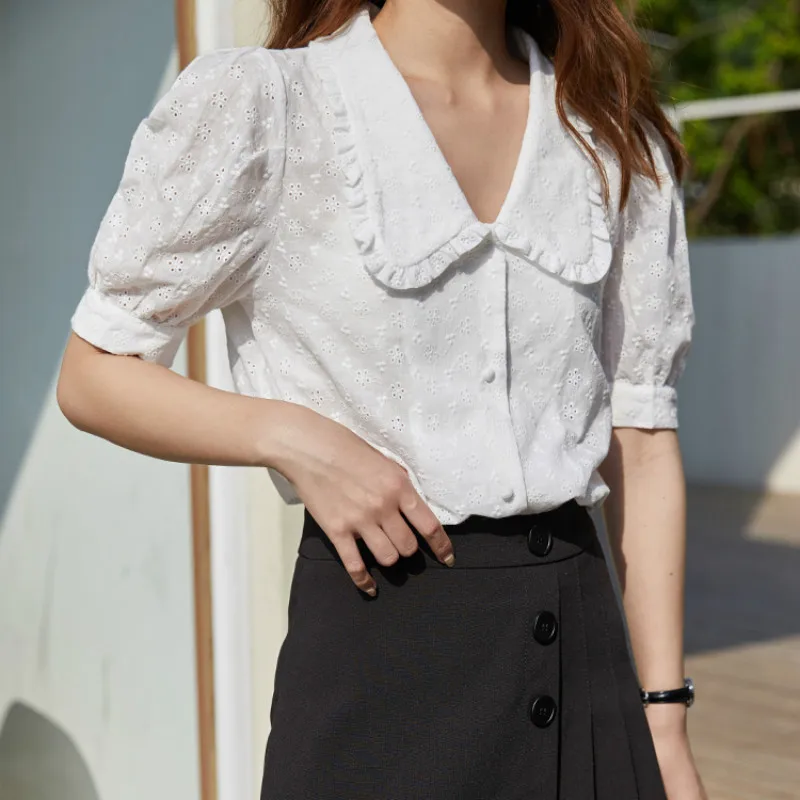 

New Japan Style Cute Doll Collar Woman Shirt Summer Fashion Small Jacquard Puff Sleeve Blouse Womens Chic Blusa White/Purple