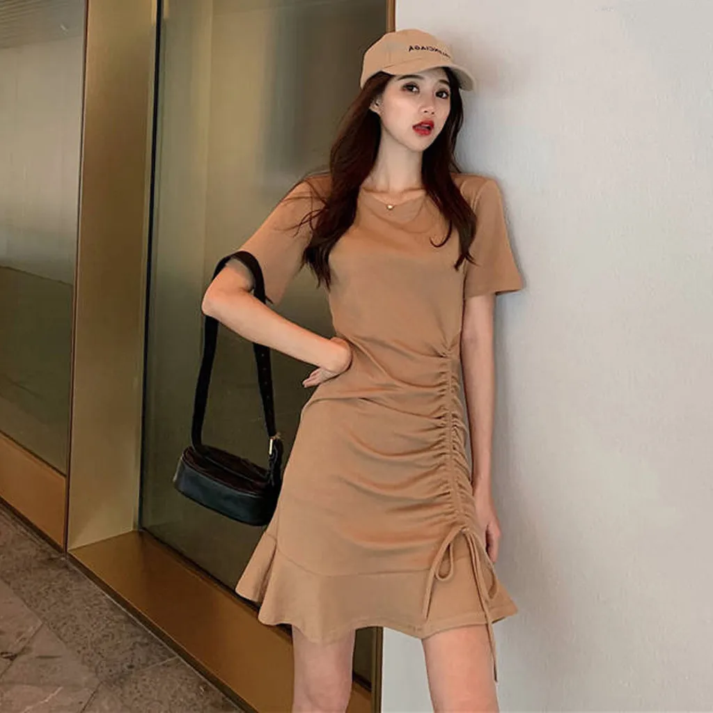 Jaycosin Fashion Summer Casual O-Neck Short Sleeve Elegant Women Summer Long Dress Ladies Slim Thin Solid Ruffles Knee Dress 319