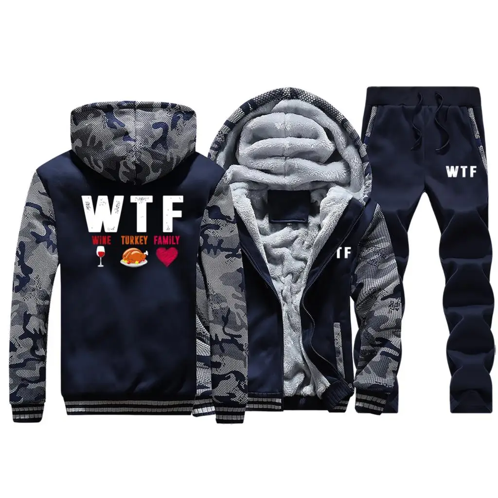 Dark Blue День благодарения WTF вина индейки семья Творческий Толстые толстовки мужская зимняя куртка+ брюки 2 шт. наборы мужской теплый свитер с капюшоном - Цвет: Dark Blue