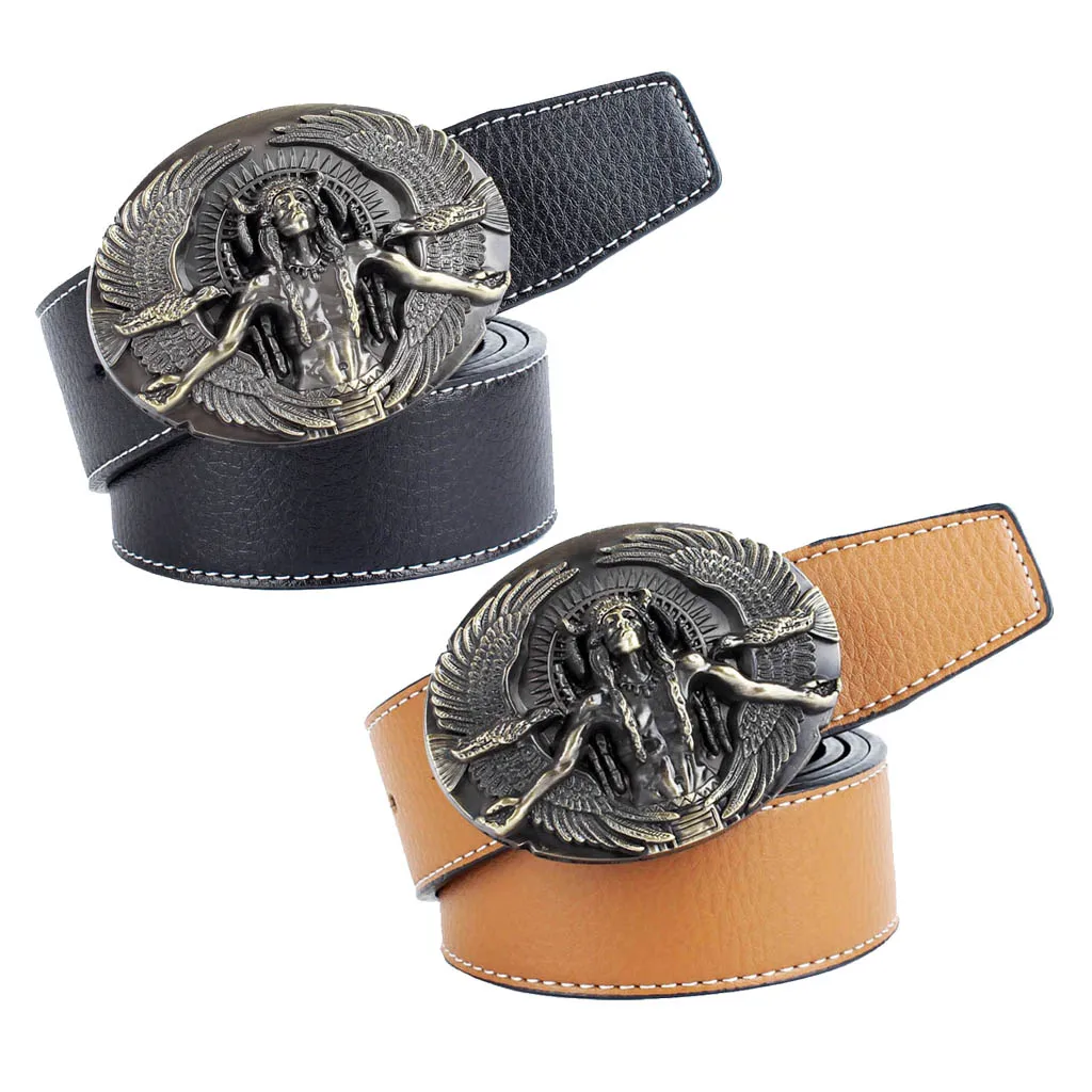 Luxury Native  Chief Tribe Leader Oval Shape Buckle Fiber Leather Belt Cowboy Waist Belt