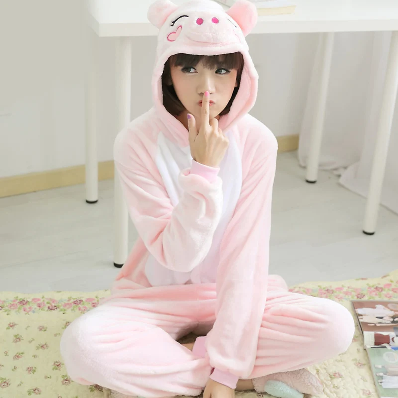 Pink Pig Kigurumi, зимняя Пижама для взрослых, Женская фланелевая одежда для сна, унисекс, милый единорог, Ститч, панда, Мультяшные пижамы с животными, детские пижамы - Цвет: Pink Pig