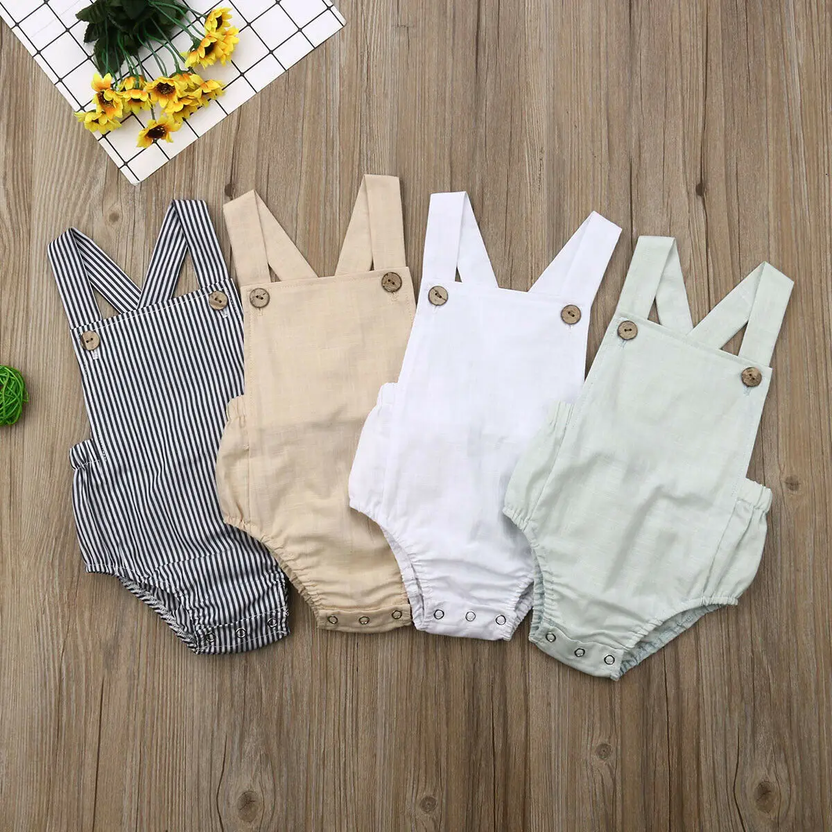 

4 Color Newborn Infant Baby Boy Girl Bodysuit Summer Button Jumpsuit Striped Casual Sleeveless Backless Solid Outfits Clothes