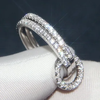 

925 Sterling Silver Full zircon geometric Silver Round Ring Dazzling crystal Double circle Rings Personality punk rock jewelry