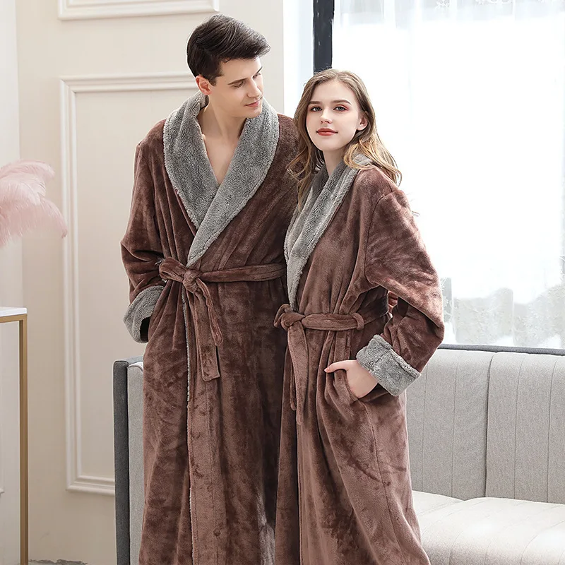 

Womens Winter Robes Plus Size Extra Long Flannel Bathrobe Women Men Kimono Loose Warm Bath Robe Night Fur Robes Dressing Gown