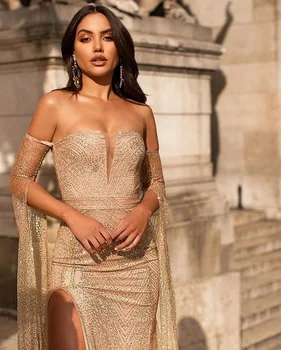 

Women Strapless Summer Elegant Dresses Long Luxury Bling Gown Leg Open Outfit Party Wear Sexy Bodysuit Maxi Billowing Sleeves