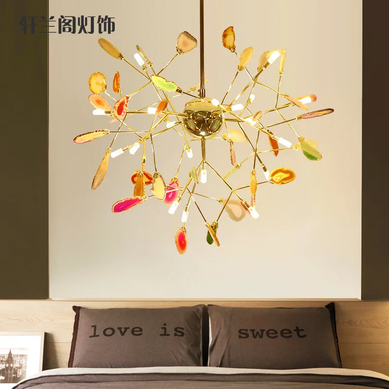 

Northern European-Style Firefly Chandelier Creative Colorful Agate Stone Branch LED Light Post-modern Restaurant Bedroom Lamps