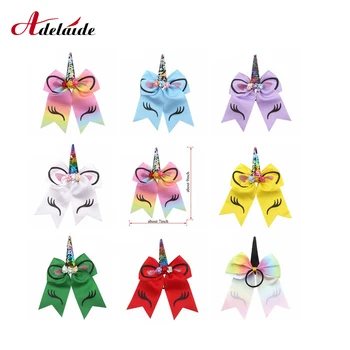 

Rainbow Unicorn Sequin Cheer Bow With Elastic Band Glitter Printed Hair Bow Headband Children Party Hair Accessory 8 colors 8pcs