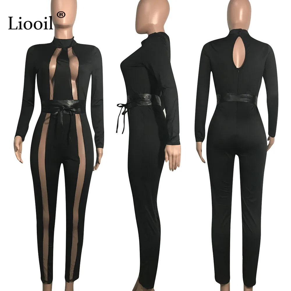 Liooil Black Mesh Sheer Sexy Tight Jumpsuits Fall Long Sleeve O Neck Hollow Out PU Belt Party Club Rompers Womens Jumpsuit
