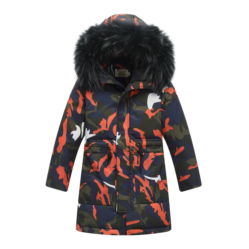 30 градусов для маленьких мальчиков зимние теплые камуфляжные Пуховики на гусином пуху для детей, с большим меховым капюшоном, утепленная куртка для девочек, куртка, верхняя одежда, пальто для русской зимы