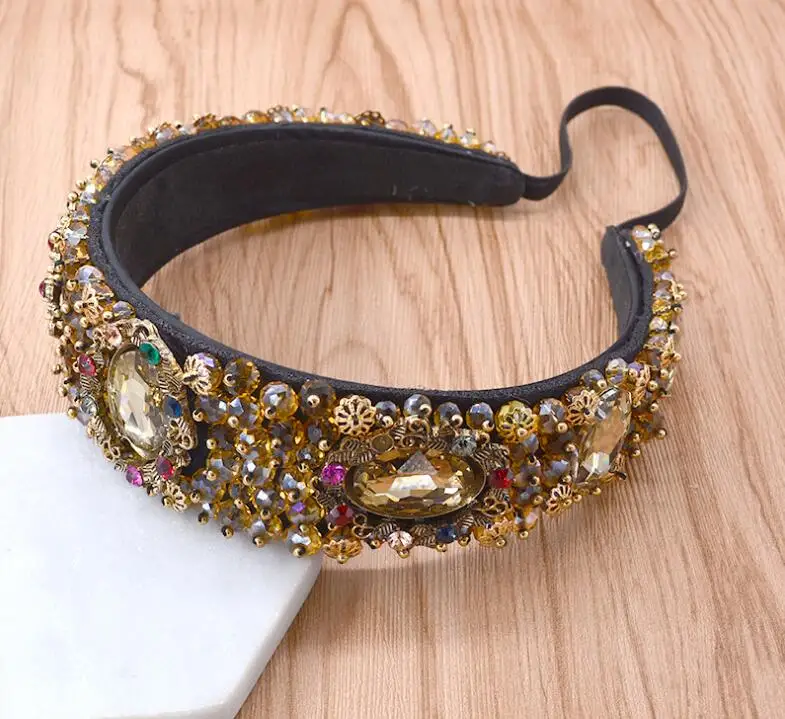 Vintage wide-brimmed crystal headband Baroque court hair accessories Korean simple elastic headband jewelry