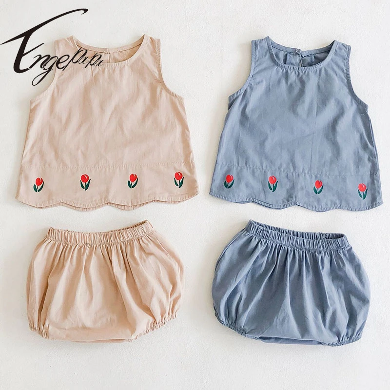 baby dress and set Engepapa Summer Newborn Baby Girls Clothes Sleeveless Cotton T-shirt+PP Shorts Suit Infant Baby Girls Clothing Set baby's complete set of clothing