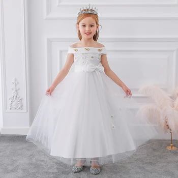 

2020 Shoulderless White Bridesmaid Evening Dress For Girls Princess Girl Kids Children Dresses Lace Pearls Party Wedding Dress