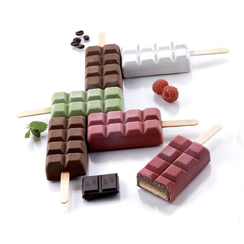 Description Picture 4 of item4 Cells Ice Cream Moulds Grid Texture Silicone Popsicle Molds Juice Ice Cube Tray Wooden Popsicle Stick Ice-lolly Baking Tools