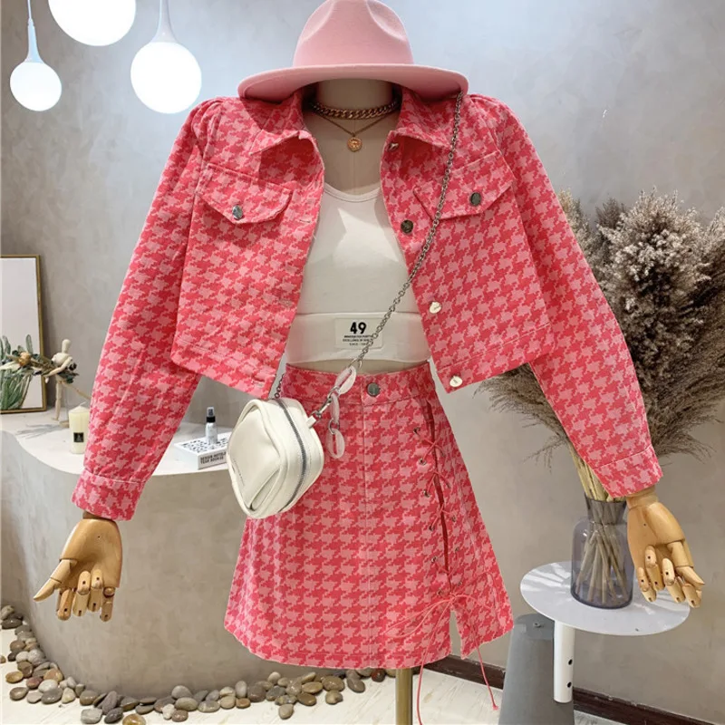 

Fall Fashion Streetwear Houndstooth Cowboy Two Piece Set Women Denim Crop Top Short Jacket Coat + Bandage Skirt 2 Piece Suits