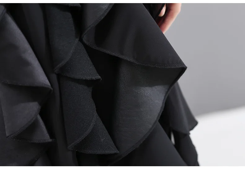 [EAM] женское черное асимметричное платье из искусственной кожи с оборками, новинка, круглый вырез, длинный рукав, свободный крой, Мода весна-осень 19A-a149