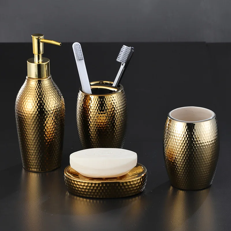 

Golden Ceramic Bathing Tool Set Bathroom Set Shower Gel Bottle Soap Box Toothbrush Bucket Brushing Cup Shower Accessories