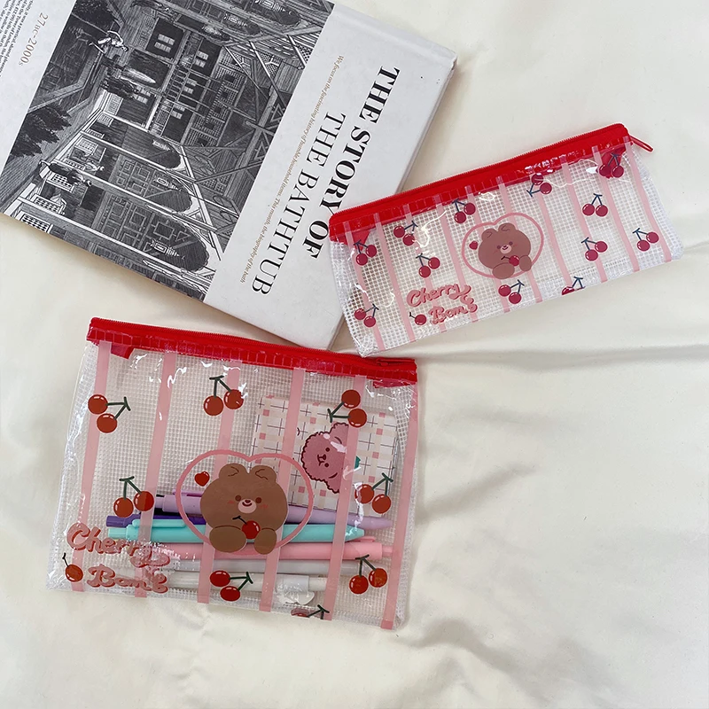 

Red Cartoon Cute Cherry Bear Grid Pencil Case PVC Transparent Large Capacity Student Stationery Cosmetics Storage Bag Portable