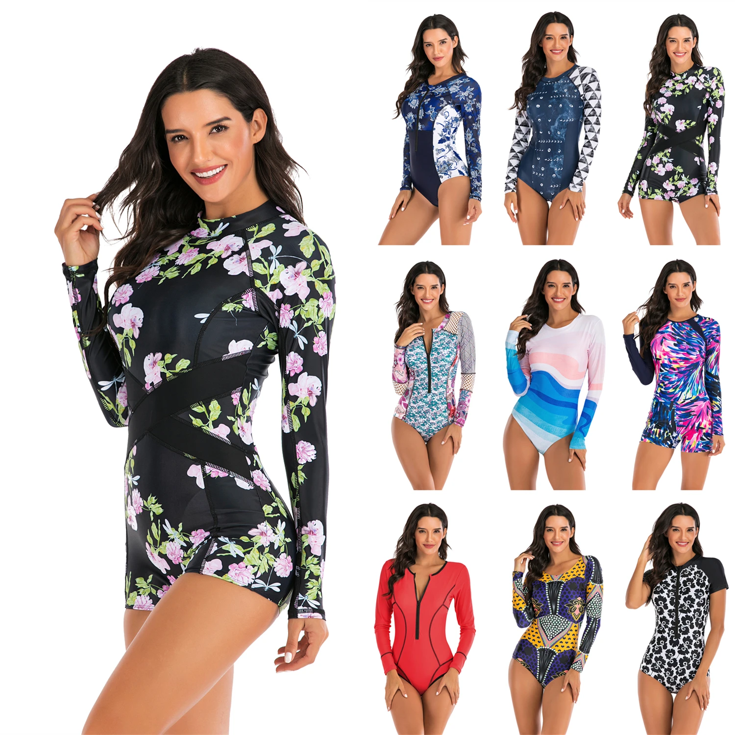 New Swimsuit Women Rashguard Long Sleeve One Piece Swimwear UV Protection Print Zipper Surf Rash Guard Spa Bathing Suit
