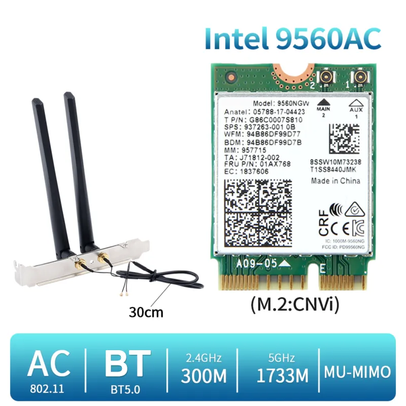 network interface card 1730Mbps For Intel Dual Band Wireless AC 9560 Desktop Kit Bluetooth 5.0 802.11ac M.2 CNVI 9560NGW Wifi Card With Antenna lan adapter for mobile