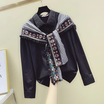 

Fringed Shawl Stitching Fake Twopiece Shirt Women New Loose Fashion National Style Long Sleeve Shirt Jacket Blusas 2019 Autumn