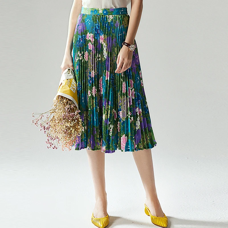 

Pleated Skirts Women Novelty Design High Waist 95% Polyester Skirt Flowers Printed Elegant Style New Fashion