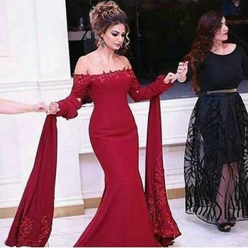 

Sexy Red Mermaid robe de soiree Long Evening gown Boat Neck Sleeves Lace Beaded Formal Wear 2018 mother of the bride dresses