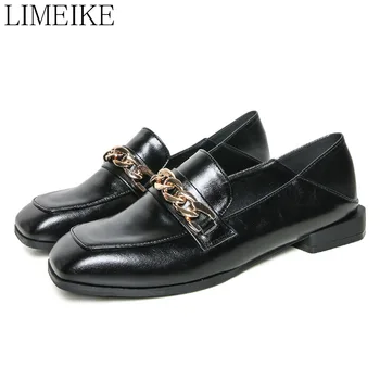 

LIMEIKE Women's Gold Metal Chain Loafers Shoes Ladies Large Genuine Cow Leather Flats Female Creepers Casual Shoes