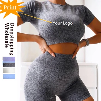 

Women Short Sleeve Fitness Set 2 Piece Vital Seamless Sport Suit Gym Clothes Fitness Crop Top Shirt High Waist Shorts Sportswear