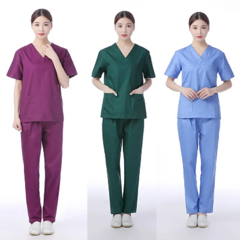 

Women Men Scrub Sets Hospital Medical V-Neck Uniform 100% Cotton Short-sleeved Uniform Suits Dental Oral Clinic Beauty Salon