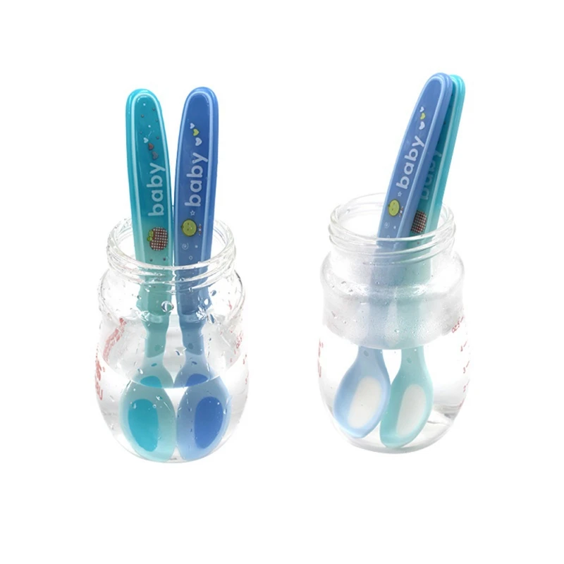 

4Colors Baby Food Dispensing Spoon Feed Baby Temperature Spoon Soft Head Training Silicone Spoon Set With Long Handle Z