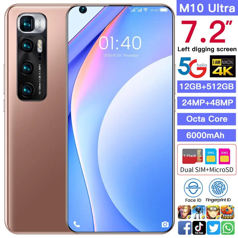 Смартфон глобальная версия M10 Ultra 4G экран 7 2 дюйма 12/512 ГБ Android 10 5G Восьмиядерный