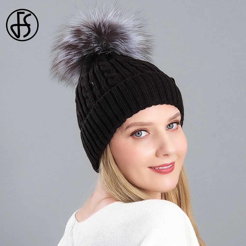 Real Pompom hat Winter Hats for Women Knitted hat Beanie Winter hat Skullies Beanies 