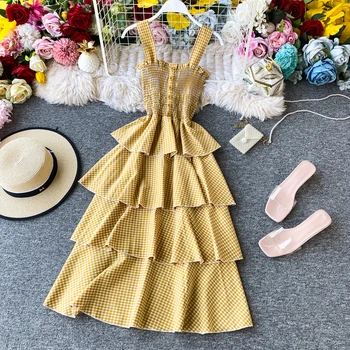 

Teeuiear Slim plaid print Summer ruffles midi long cake Dress Party sexy spaghetti strap Women elegant Casual tunic beach dress