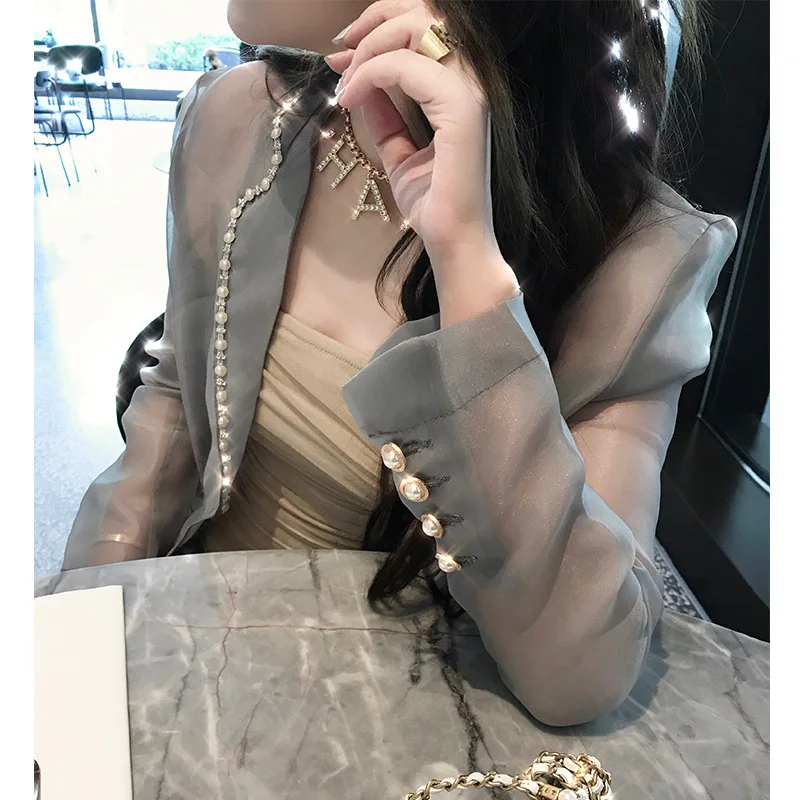 

2019 Autumn New Style Gray Thin Long Sleeve Suit Women's Mid-length Summer Pearl Organza Gauze Sun-resistant Coat