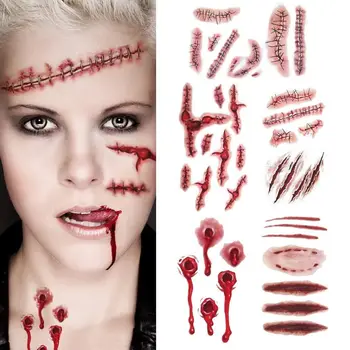 

10 Sheets Halloween Waterproof Temporary Tattoo Sticker Horror Realistic Fake Bloody Wound Stitch Scar Scab Cosplay Makeup Props